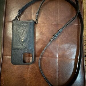 Brandolier Black Leather Crossbody Phone Case with Adjustable Strap